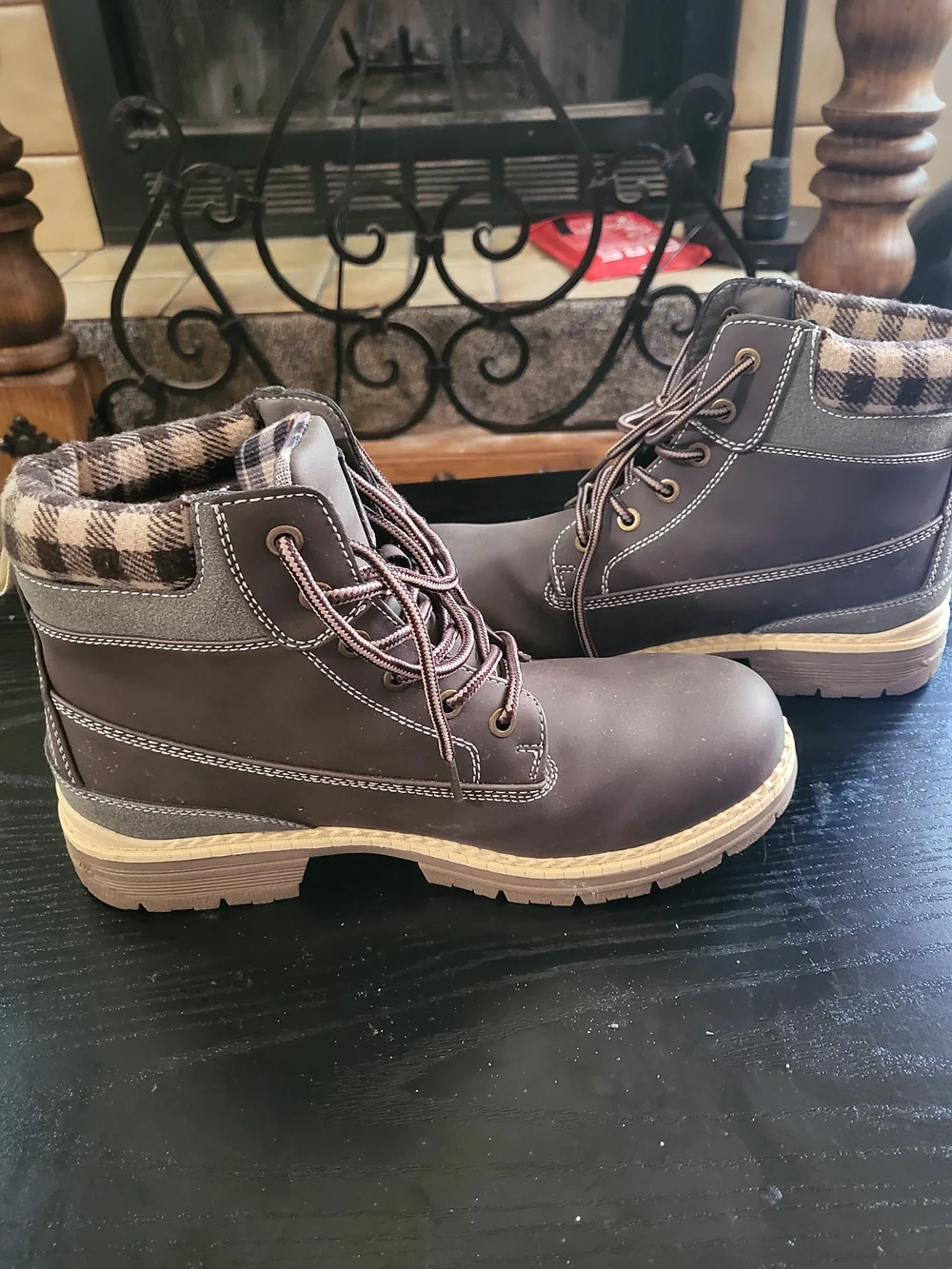 Men's Brown Plaid Collar Lace-Up Work Boots
